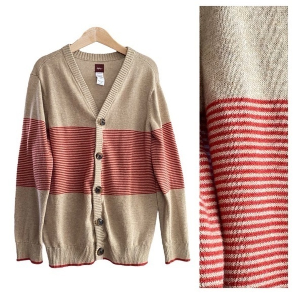 Tea Collection Tan Red Stripe Pima Cotton Cardigan Sweater